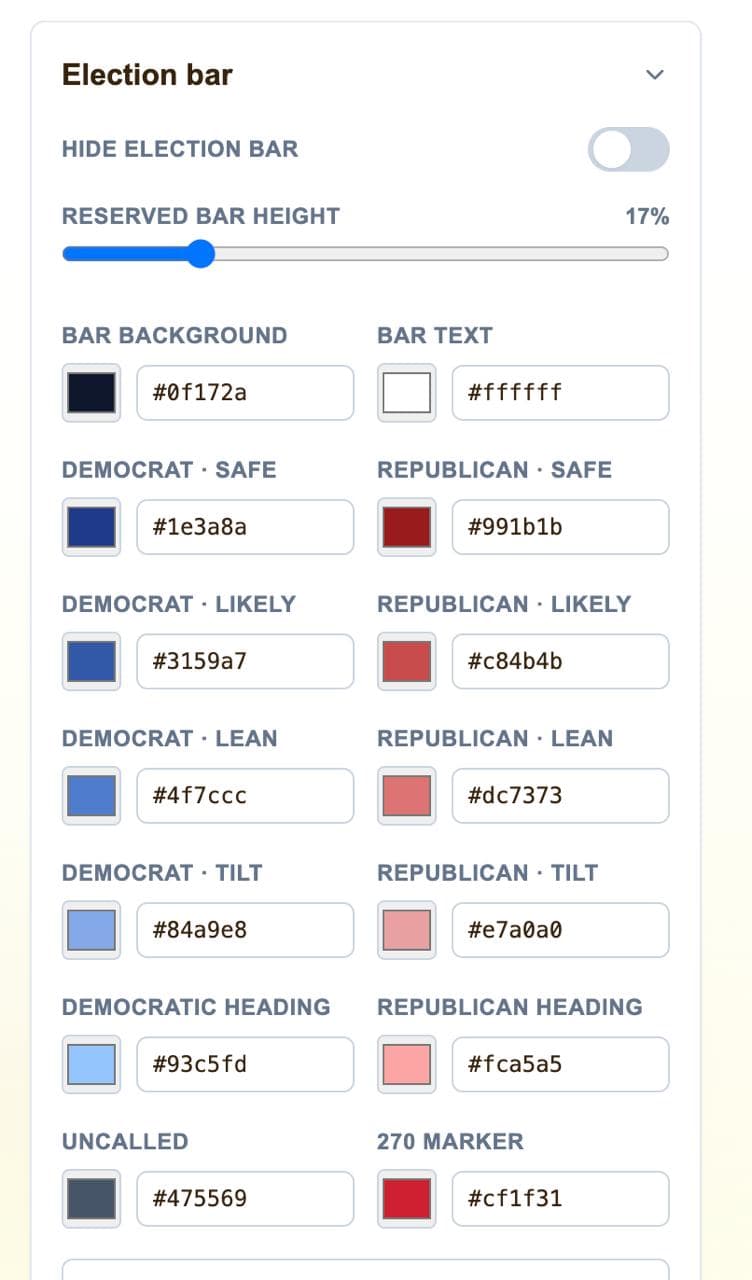 Election Bar settings for bar appearance and election party colors