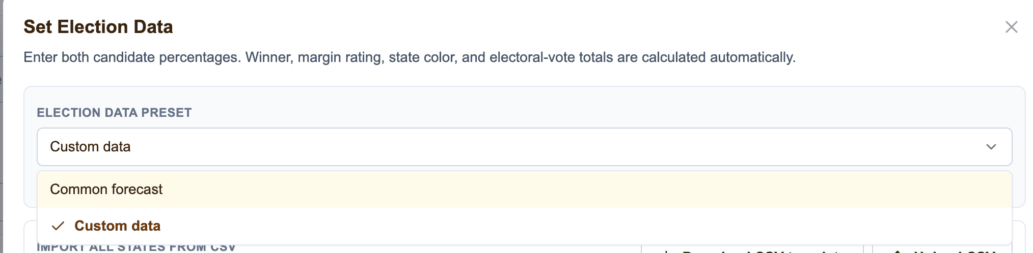Election Data Preset dropdown showing Common forecast and Custom data