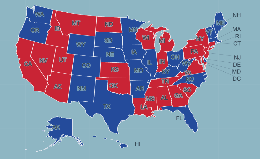 Red and blue USA election map with state abbreviations displayed