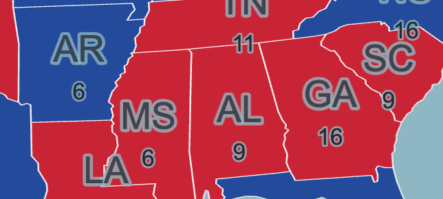 Election map state labels with Electoral College vote numbers
