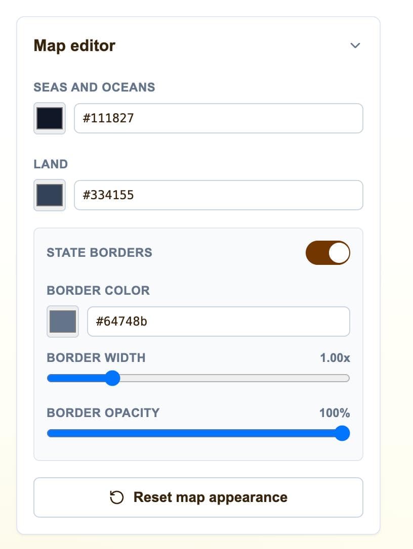 Map Editor controls for sea, land, state borders, border color, width, and opacity