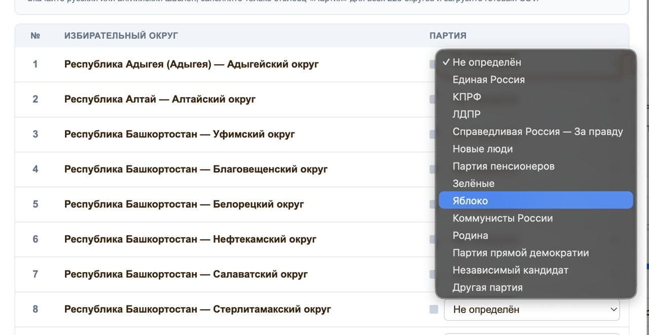 Скриншот: выбор партии для округа вручную