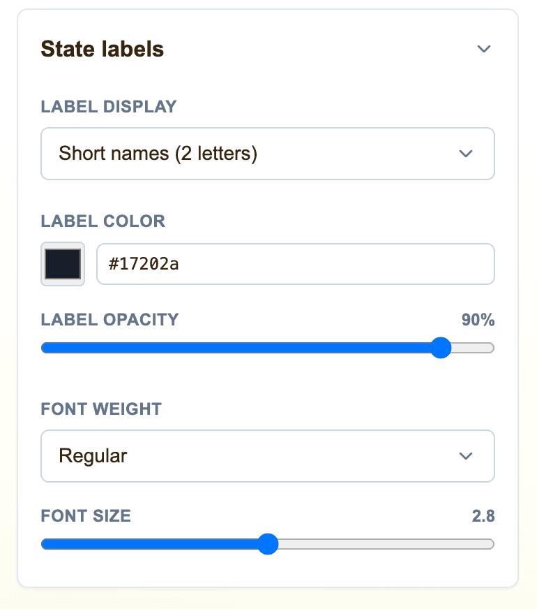 State Labels controls for display mode, color, opacity, font weight, and font size