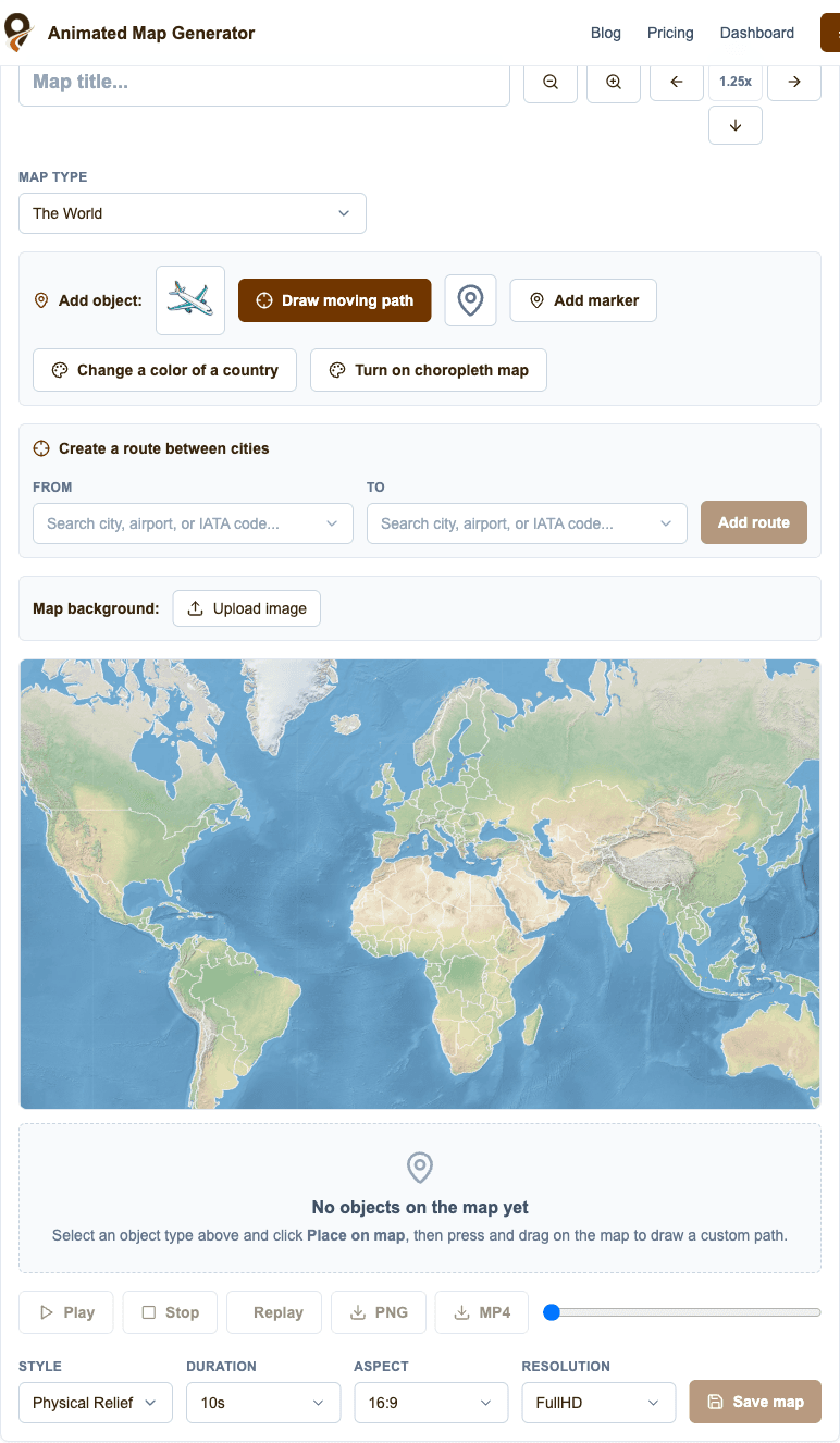 World map selected in the animated map generator with the Turn on choropleth map button