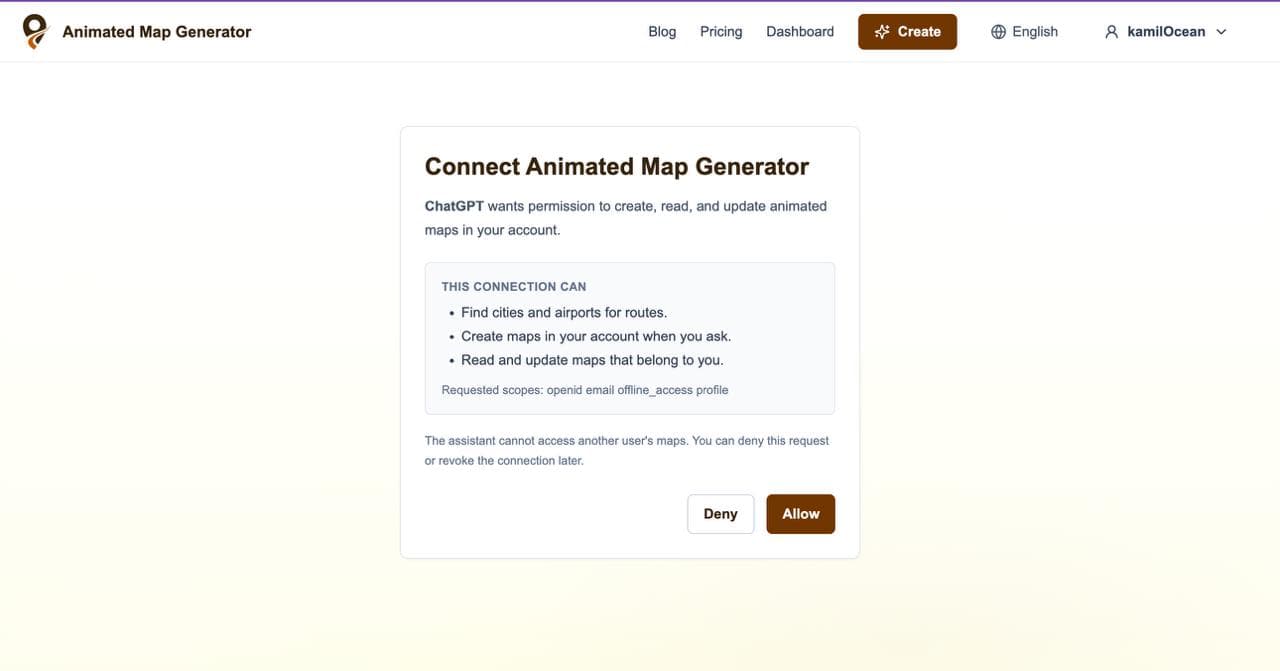 Generate Animated Map OAuth authorization page showing permissions requested by ChatGPT