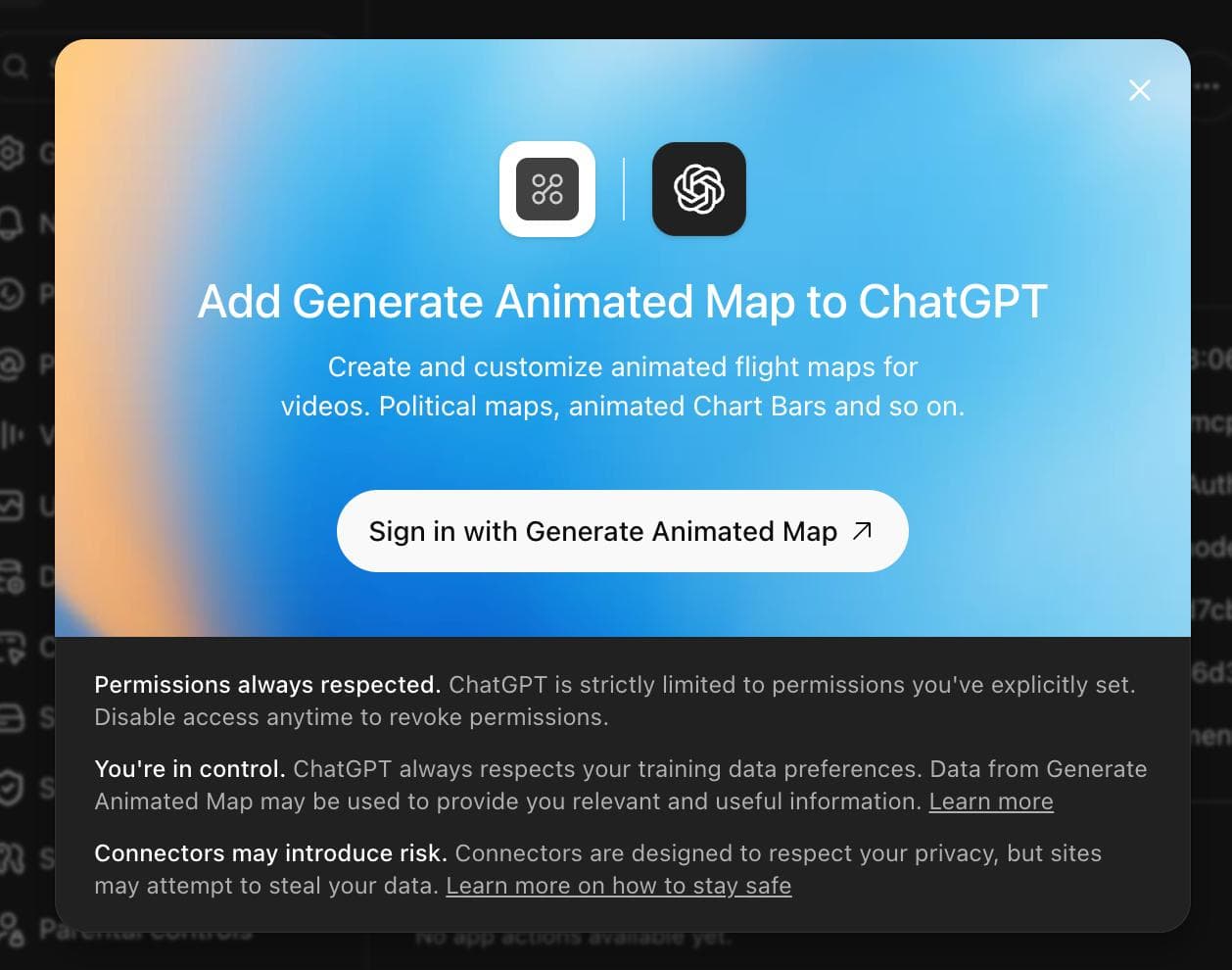 ChatGPT connection dialog for the Generate Animated Map plugin with a sign-in button
